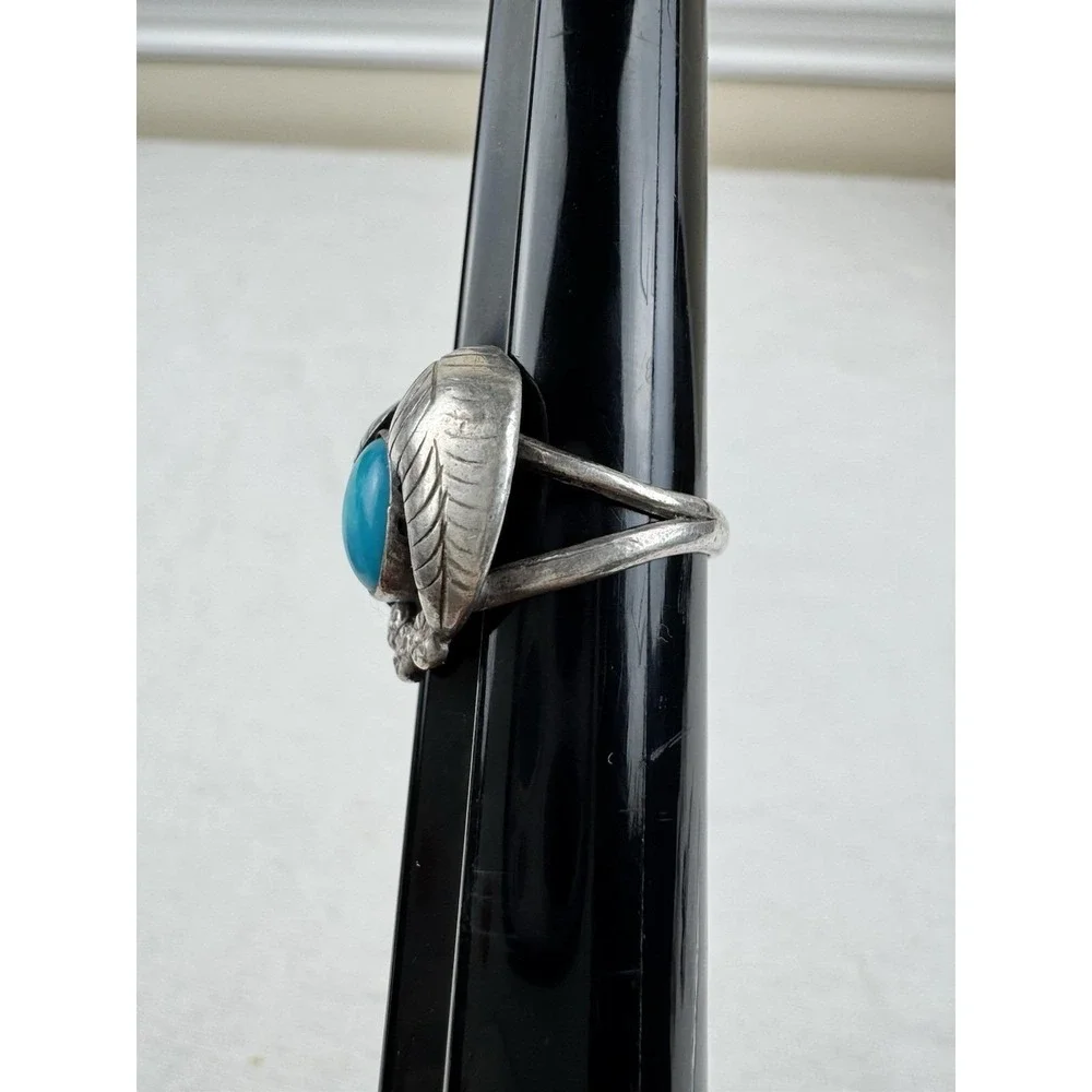 VTG Navajo Sterling Silver Turquoise Leaf Feather Ring Sz6 Old Pawn Southwestern